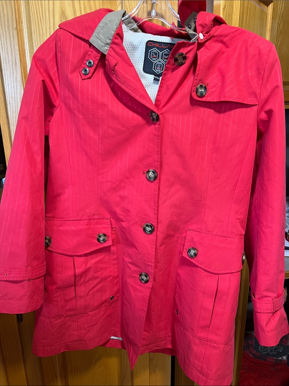 Coral color Women's Lightweight Hooded Coat - Classic Button Front